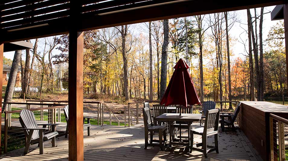The Grove residence halls interior lodge overlooking the lake