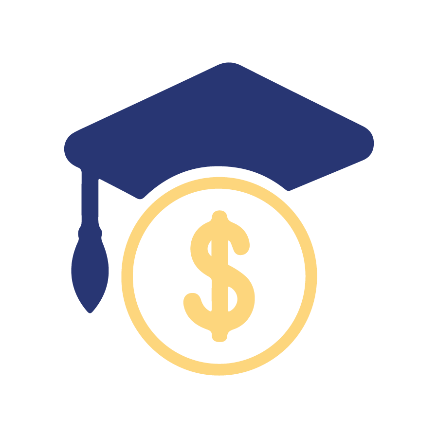 a graphic icon of a mortarboard and a dollar sign