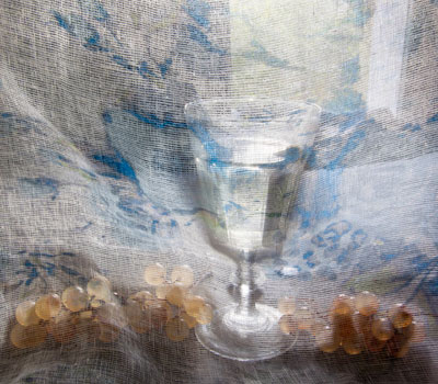 photo of wine glass, gauze and grapes