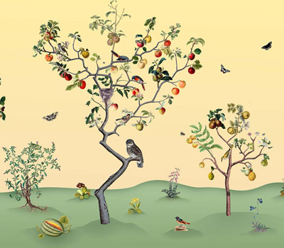 Illustrations of fruit trees, birds, and animals