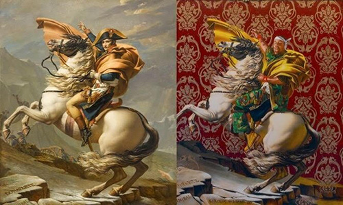 Jacques-Louis David's Napoleon Crossing  the Alps (1803), left, is reimagined by Kehinde Wiley in Napoleon Leading the Army over the Alps (2005), right