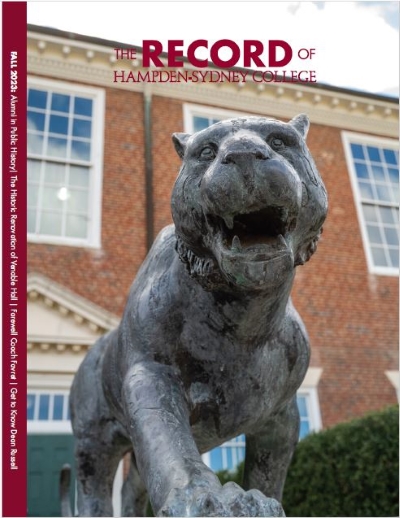 2023 Fall Record magazine cover - a tiger statue stands in front of Kirby Field House
