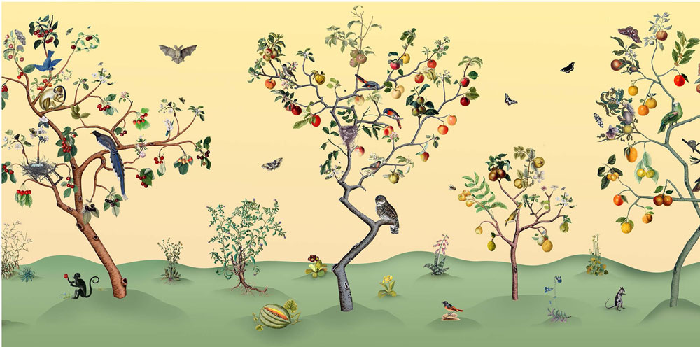 illustrations opf fruit trees, birds, and animals