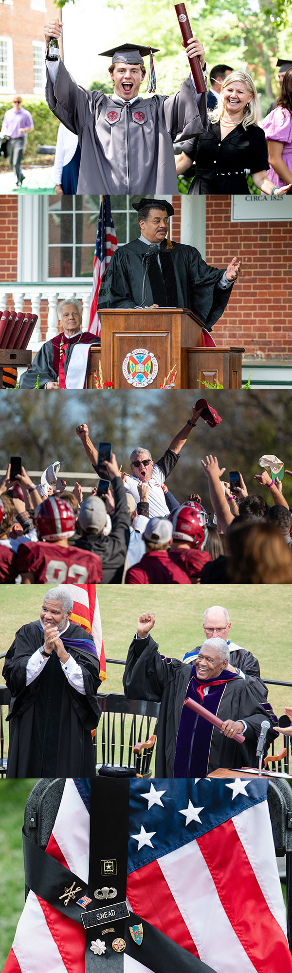a vertical photo collage of celebratory moments at H-SC. including graduation, convocation, football victory