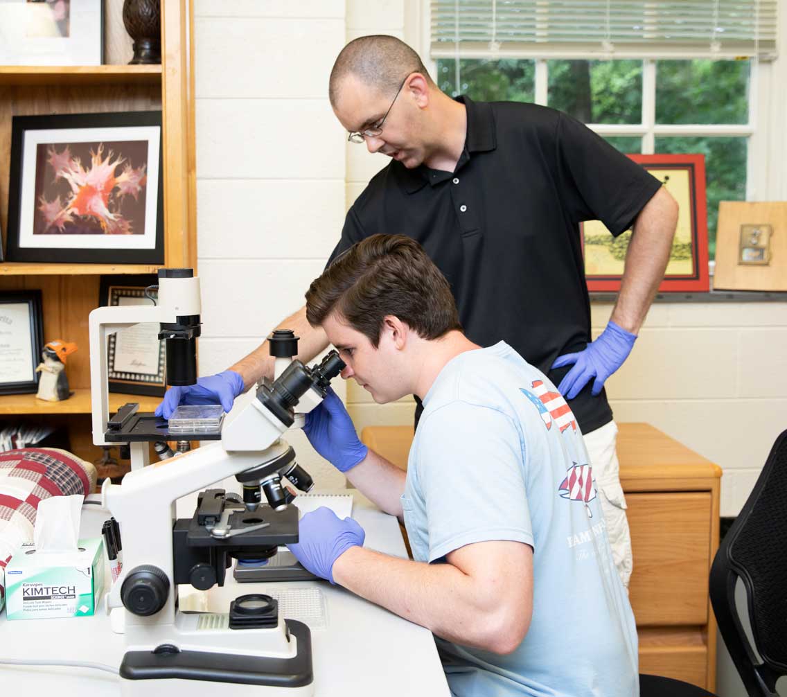 Dr Hargadon and student looking through a microscope