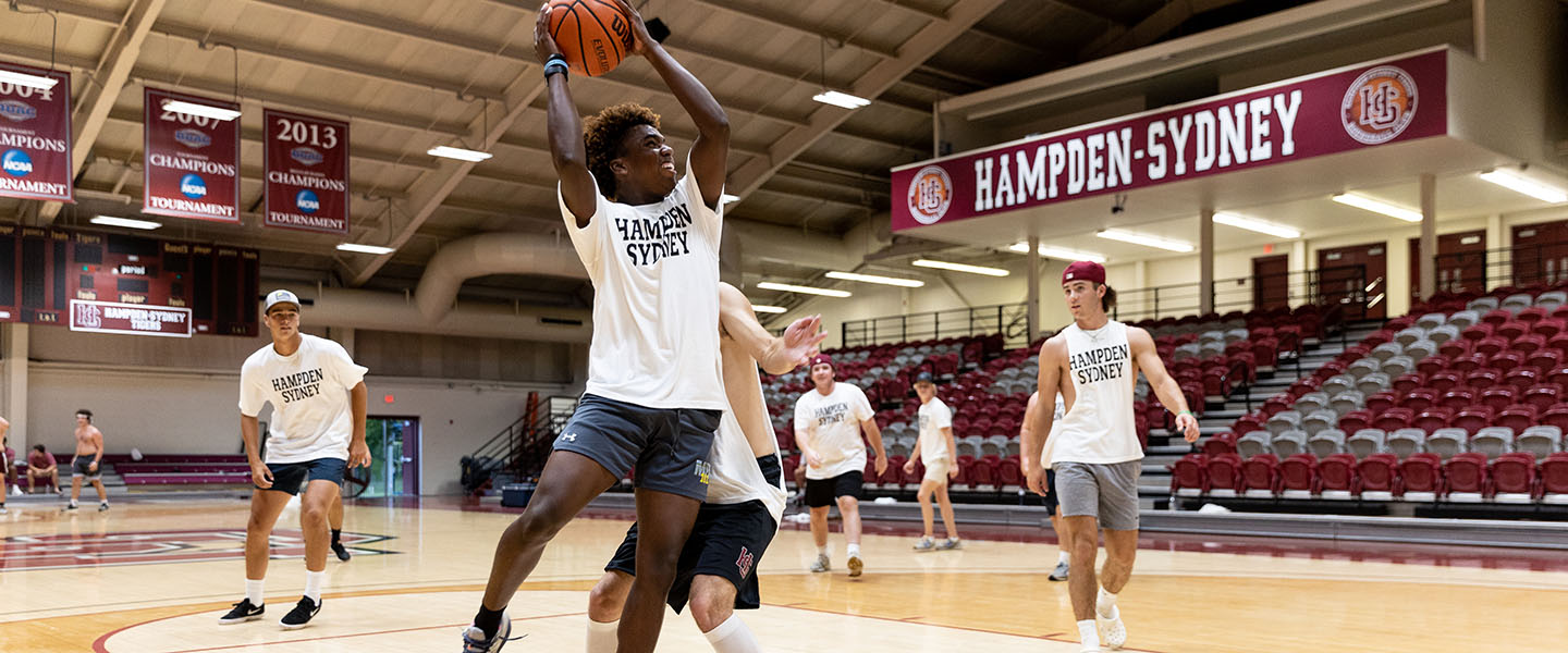 Hampden-Sydney College students playing pickup basketball