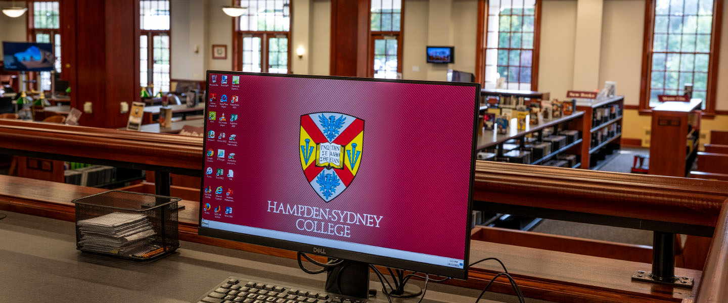 Hampden-Sydney logo displayed on a computer in the Bortz Library